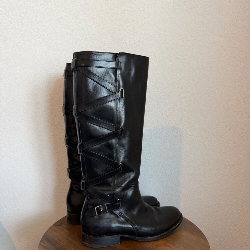 FRYE Black Leather Jordan Criss-Cross Strappy Tall Riding Boots Women's Size 6 - Picture 6 of 13